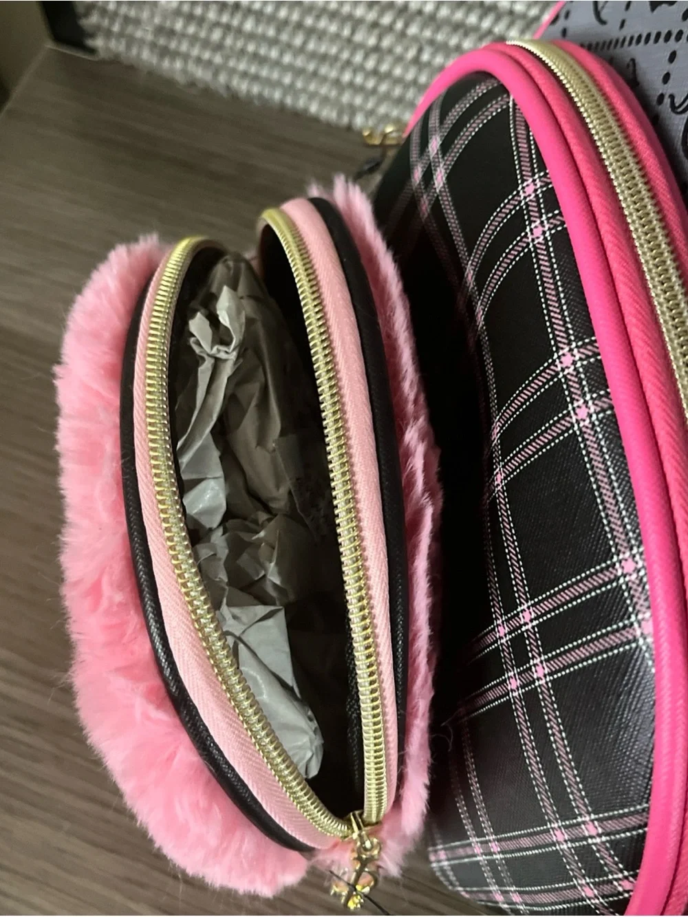 Juicy Couture Pink and Gray Faux-Fur Cosmetic Bag Set